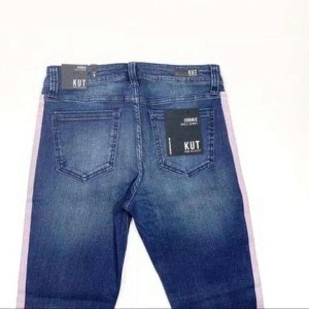 KUT from the Kloth Connie Ankle Skinny Jeans Blue W/ Pink Stripe Raw Hem Size 6
